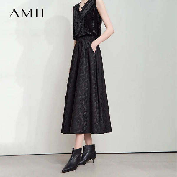 AMII សំពត់ខ្លីពណ៌ខ្មៅរាងអក្សរ A សម្រាប់រដូវស្លឹកឈើជ្រុះឆ្នាំ ២០២៦ សម្រាប់នារី រចនាបថប្រណីត ចរឆើតឆាយ ចង្កេះយឺត សំពត់ផ្លូវការសម្រាប់នារី 12523037
