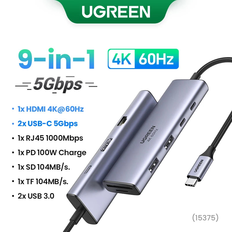 UGREEN USB HUB Docking Stations Type-C to 4K60Hz HDMI Gigabit RJ45 SD/TF USB-A/C Data 5Gbps USB3.0 HUB for Laptop Accessories PC