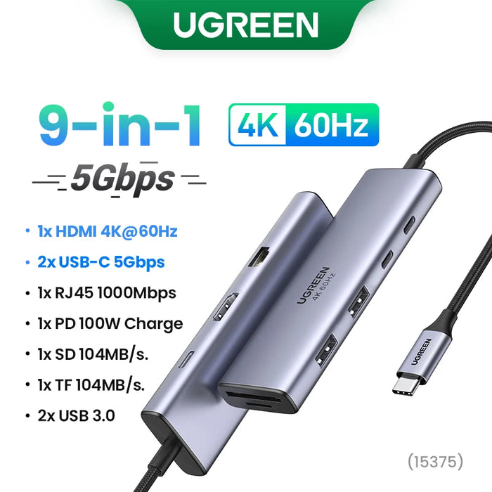 UGREEN 10Gbps USB C HUB 4K60Hz Type C to HDMI RJ45 Ethernet PD100W for MacBook iPad Huawei Sumsang PC Tablet Phone USB 3.0 HUB 5Gbps 9-in-1 4K60Hz CHINA