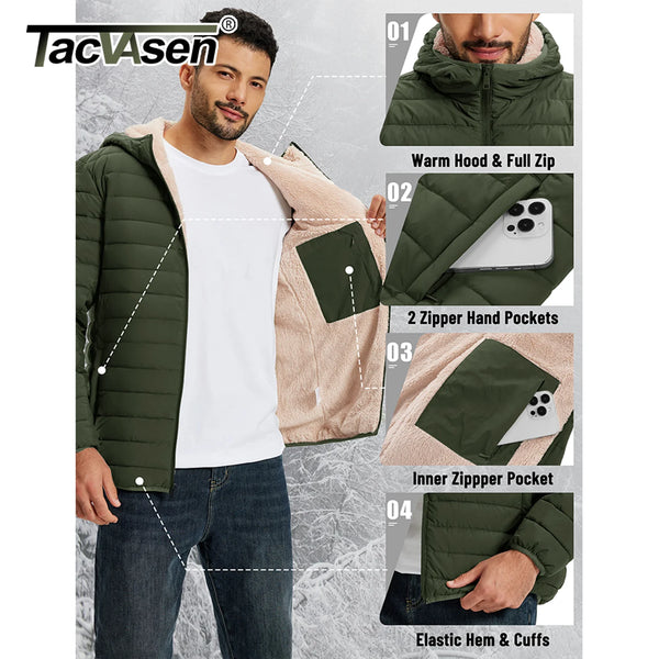 TACVASEN Men's Puffer Jacket Winter Warm Hooded Sherpa Lined Water Resistant Windproof Insulated Jacket Warm Winter Puffy Coat