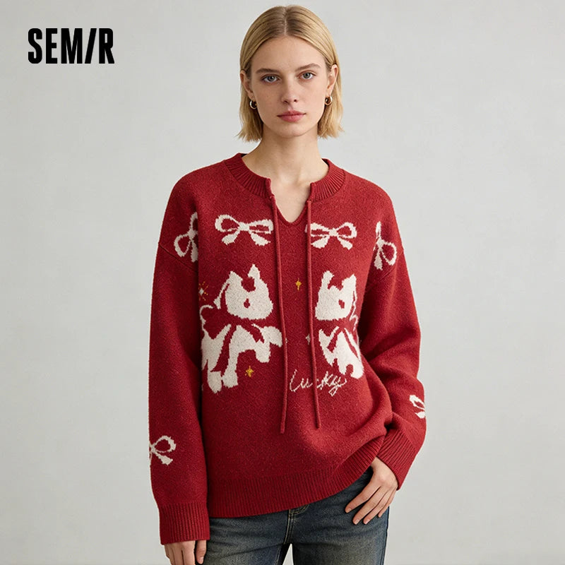 Semir Women Sweater 2026 Spring New Red Bow Jacquard Loose Cute Girlish Style Crew Neck Pullover Tops