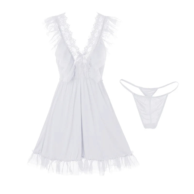 Sexy Night Wears For Women Sleeveless Short Dress V Neck Mesh Lace Nightgowns Female Lingerie Thin Sleepwear Nightshirt