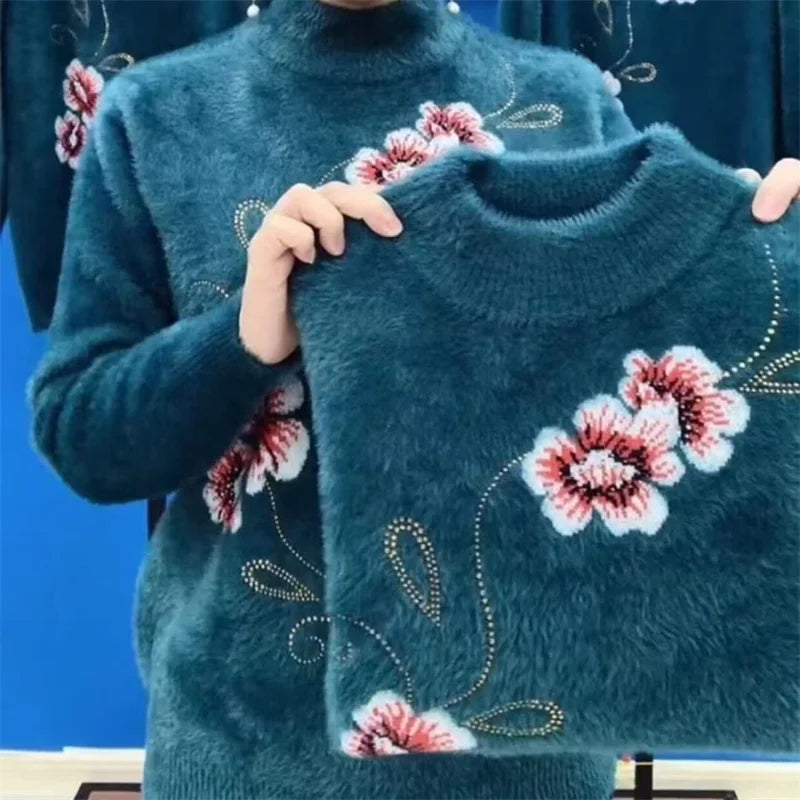 Printed New Knit Cashmere Sweater For Woman Pull Jumper Turtleneck Warm Mother Pullover Top Thicken Knitting Women's Clothing