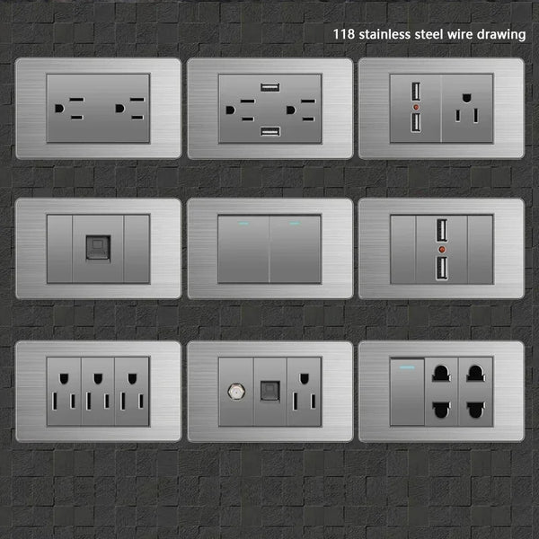 American Standard Wall Light Switch Power Socket Universal Plug with usb US Stainless Steel 2way Socket Panel 118*74m Computer