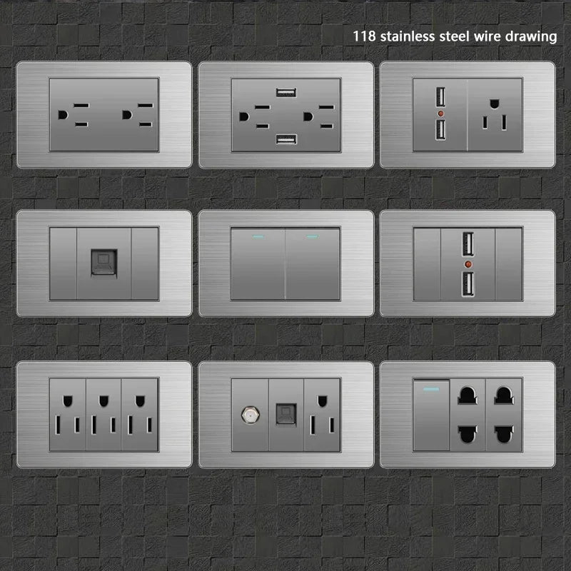 American Standard Wall Light Switch Power Socket Universal Plug with usb US Stainless Steel 2way Socket Panel 118*74m Computer