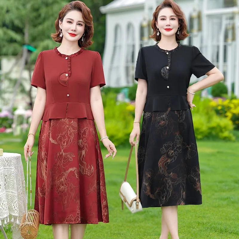 រ៉ូបពីរដុំក្លែងក្លាយ រ៉ូប Chiffon រ៉ូបនារីរដូវក្តៅ ម៉ូដស្លីម សូត្រ Satin ដេរដោយដៃខ្លី រ៉ូបម្តាយបោះពុម្ព A Line