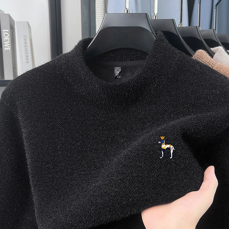 Man Long-Sleeve Knit Top Crew Neck Fleece-Lined Thickened Exquisite Embroidery Autumn Winter Leisure Keep Warm Men's Clothing