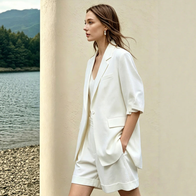 Amii Women's Blazer 2026 Summer New Notch Lapel Linen Blend Pleated Half Sleeve Jacket Casual Office Midi Length Coat 12642184