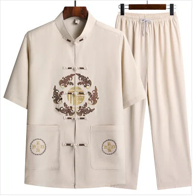 Chinese-style Men's Stand-collar Two-piece Set: A Summer Short-sleeve Shirt Paired with Cropped Pants. Red,Blue,Green,Khaki,Gray