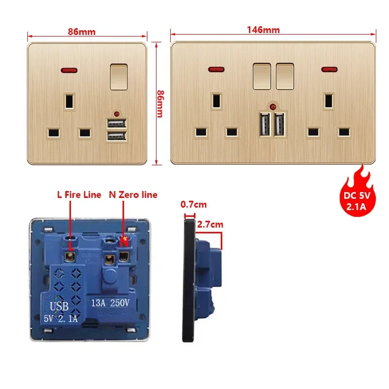Gold Universal 3/5Pin Plastic Power Socket,UK Wall Outlet With 2.1A Dual USB Port,220V Electrical 2way Switch TV Computer CAT6