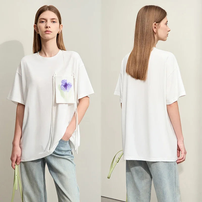 Amii Minimalism T-shirt Women's 2026 Summer Knit Casual Print Pockets Short-sleeve Cotton Loose Tee Elastic O-Neck Tops 12442008