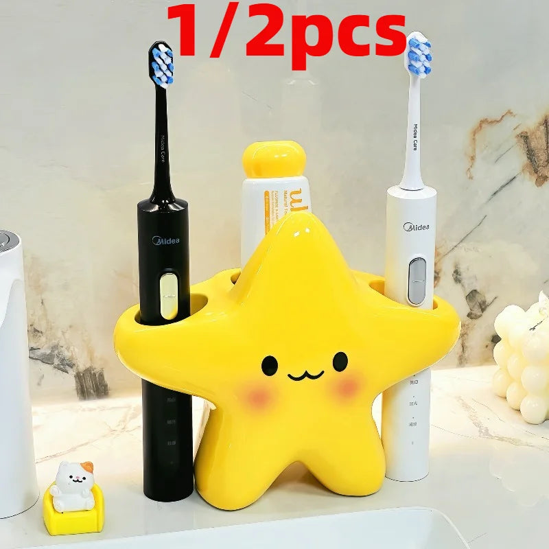 1/2pcs Cute Star Toothbrush Holder Cartoon Face Freestanding Rack Durable Bathroom Storage Organizer for Toothpaste Toothbrush