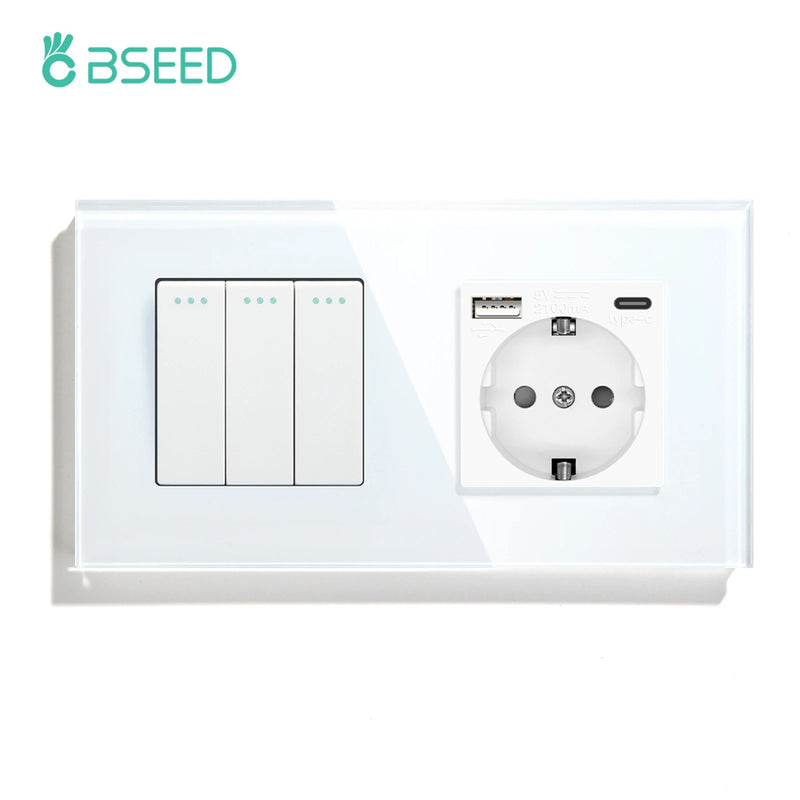 BSEED EU Standard Wall Button Switch 1/2/3Gang 1Way Wall Power Socket Glass Frame Mechanical Switches Home Improvement