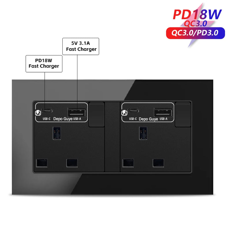 UK Black USB Type-C 18W Fast Charging Socket Universal Tempered Glass  Double 5-pin Power Plug,Home Electrical Wall Light Switch