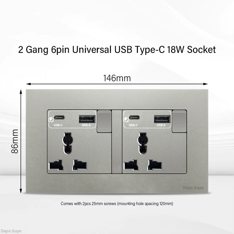 Universal 18W Type-C Quick charge Double Power Outlet,220V Electrical Wall Light 2way Switch UK 13A Wall Double USB Plug Socket