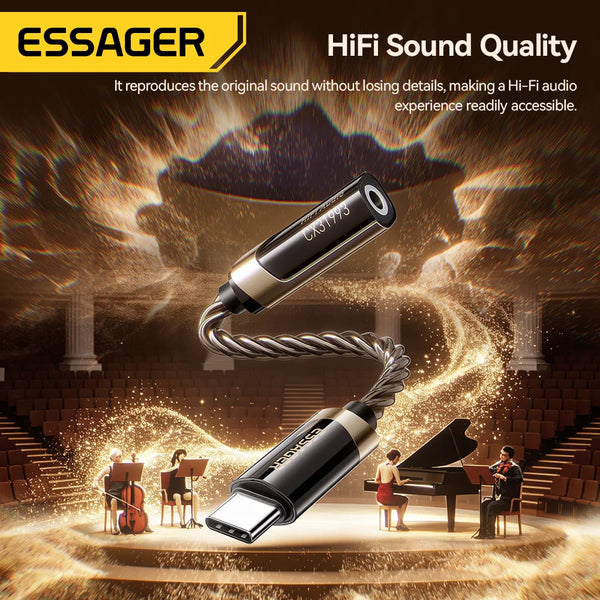 អាដាប់ទ័រអូឌីយ៉ូ Essager HiFi Type-C ទៅ 3.5mm Jack Audio ខ្សែ Aux សម្រាប់កាស USB Type C ទៅ 3.5mm អាដាប់ទ័រ OTG សម្រាប់ iPhone 17 16 15 Pro Max