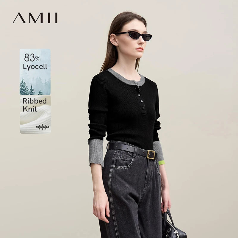 Amii Women's Autumn Commuter Sweater 2026 New Round Neck Contrasting Color Knitted Sweater Button Half-placket Slim Top 12621047