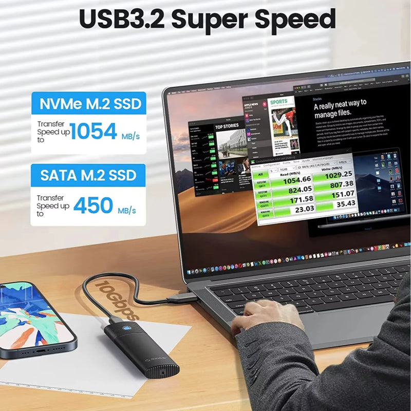 ORICO M2 SSD Enclosure NVMe NGFF 10Gbps PCIe M.2 SSD Case Portable USB C 3.2Gen2 Tool Free External Adapter with Metal Heat Sink