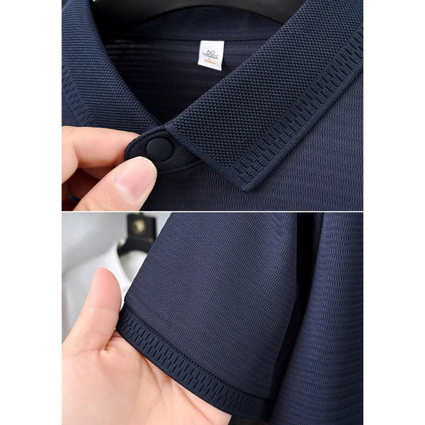 Men Summer Short Sleeve Striped Polo Shirt Slim Fit Elastic Solid Color Business Casual T-Shirt