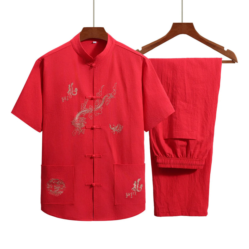 Men's Red Embroidered Two-piece Set for Summer, Featuring A Chinese-style Short-sleeve Shirt Paired with Ankle-length Pants.