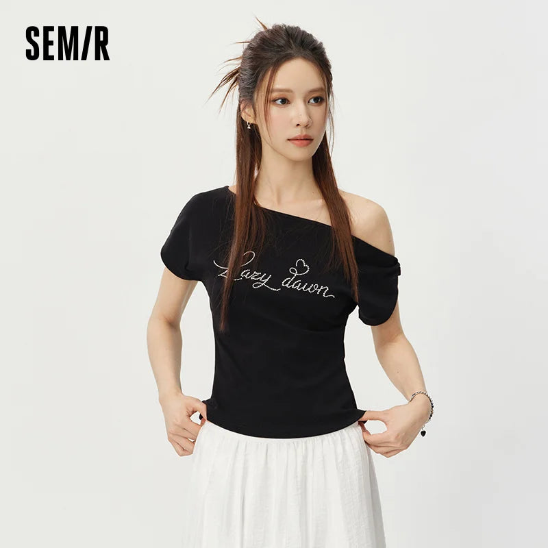 Semir Womens Tshirt 2026 Short Letter Oblique Shoulder Slim Sweet Cool Casual Fashion