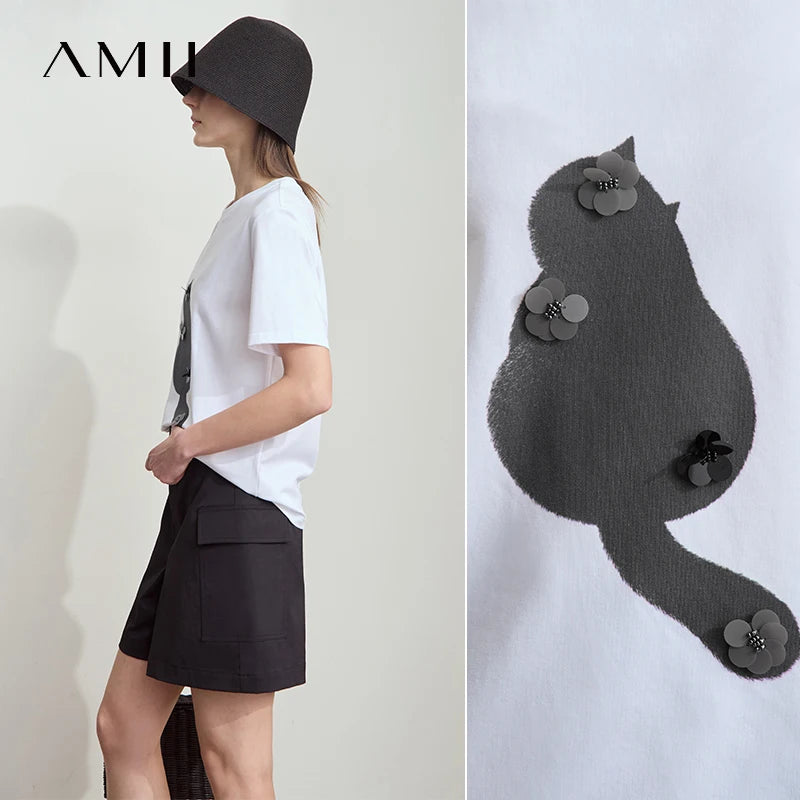 Amii Women's T-Shirt Minimalist 2026 Summer Casual Collegiate Style Slightly Elastic Short Sleeve Printed Lyocell Top 12512003