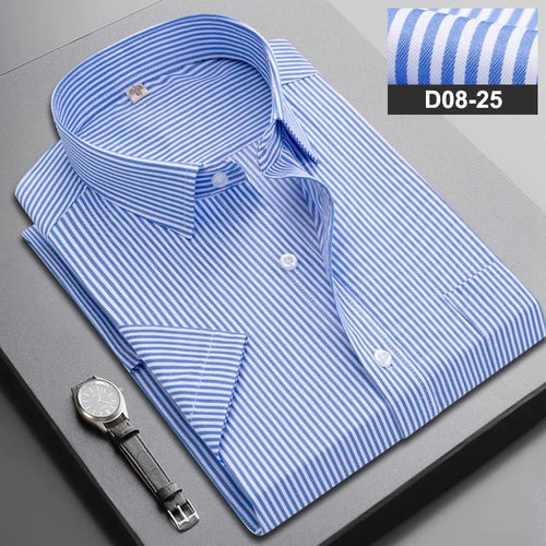 Summer Men's Vertical Striped Short-sleeved Cotton Shirt, Single-breasted Square Collar Shirts with A Pocket on The Left Chest