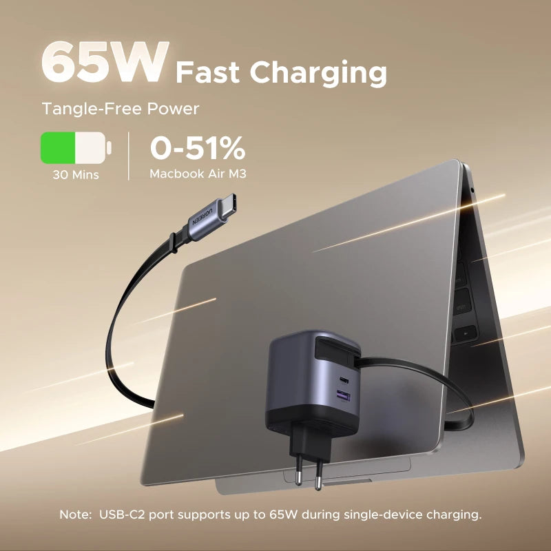 UGREEN 65W GaN Charger With Retractable USB C Cable For iPhone 18 17 Pro Samsung Xiaomi Laptop Macbook Tablet PD Fast Charger