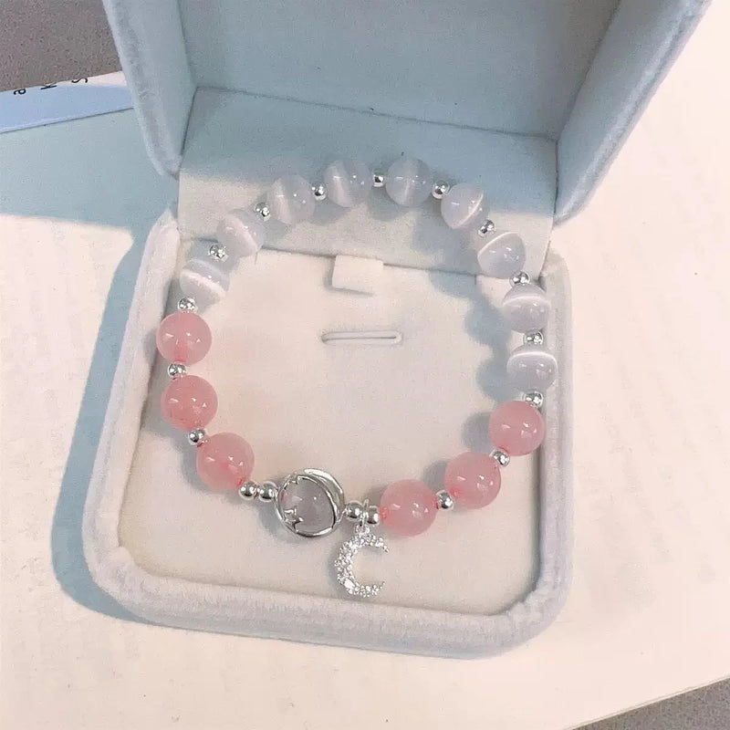 White Cat Eye Stone Beaded Bracelet Silver Plated Butterfly Charm Bracelet Adjustable Tassel Dangle Crystal Bracelets for Women