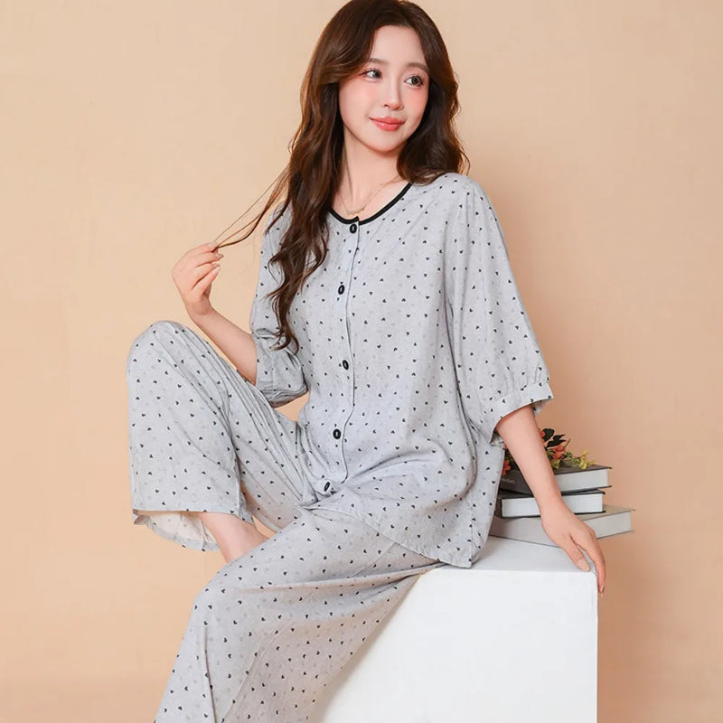 Summer Sleepwear Women's Home Clothes Pyjama Set Lounge Wear New 2 Piece Pjs Pajamas for Women Thin Button Top Loungewear Suit