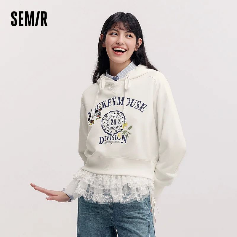 Semir Retro Hoodie Women Spring Short Patterned Loose Hooded Unique Design Casual Fashion Comfortable Daily Wear Top