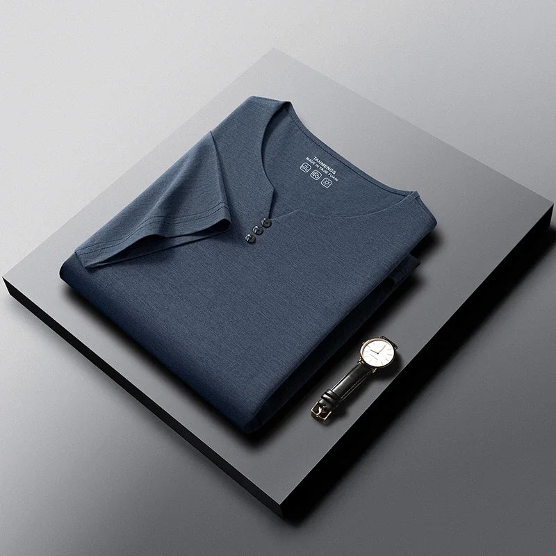 Mens Soft Breathable V Neck Tee With Henley Button Design Comfortable For All Seasons Daily And Casual Wear Activities