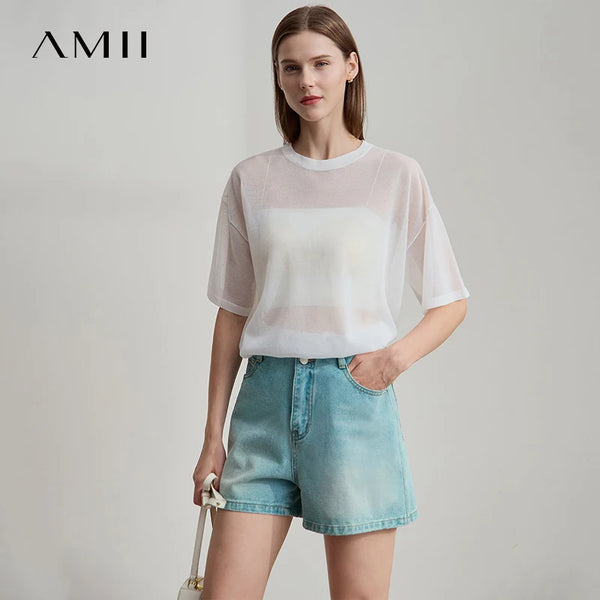 អាវយឺតប៉ាក់ AMII រដូវក្តៅធម្មតាសម្រាប់ស្ត្រីឆ្នាំ ២០២៥ អាវយឺតដៃខ្លីកមូលស្មាទម្លាក់ស្តើងសម្រាប់ស្ត្រីម៉ូដ ១២៥៥២០៧៧