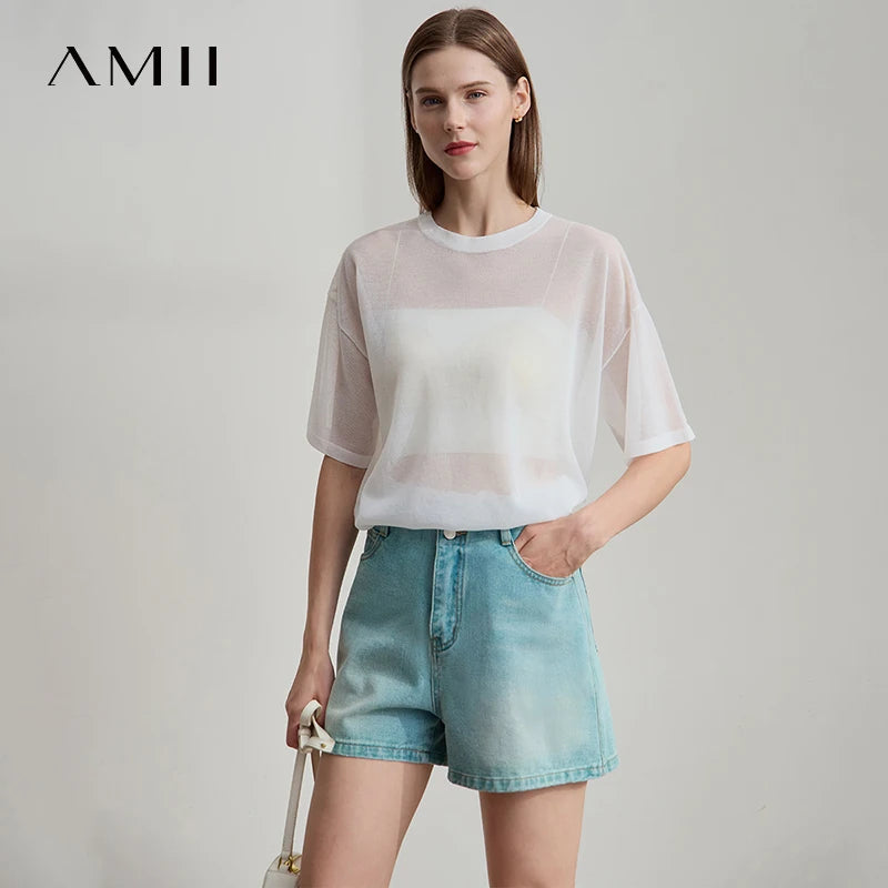 អាវយឺតប៉ាក់ AMII រដូវក្តៅធម្មតាសម្រាប់ស្ត្រីឆ្នាំ ២០២៥ អាវយឺតដៃខ្លីកមូលស្មាទម្លាក់ស្តើងសម្រាប់ស្ត្រីម៉ូដ ១២៥៥២០៧៧
