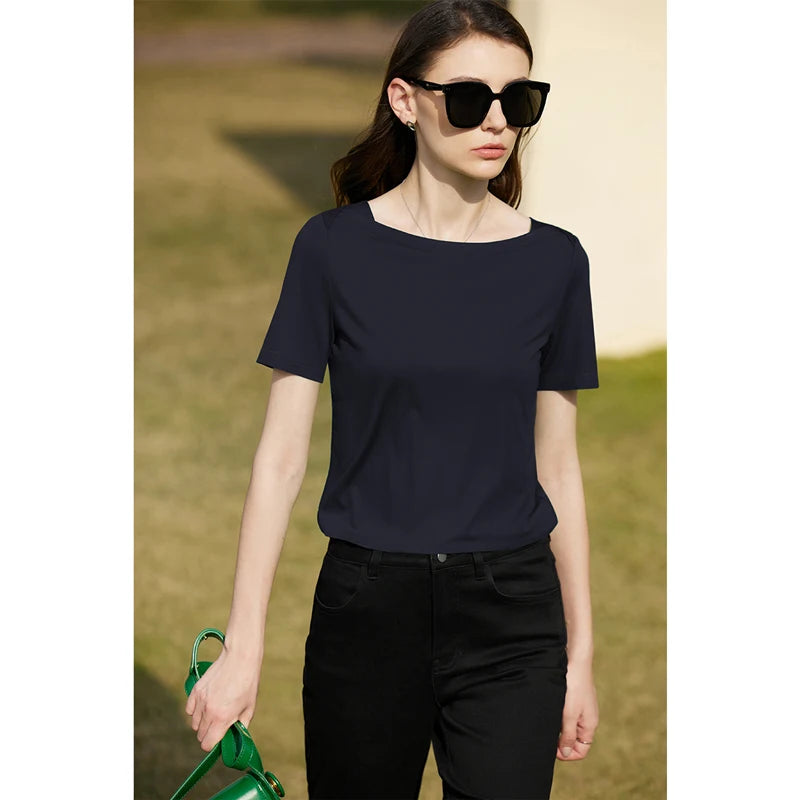 Amii Minimalism 2026 Women T-shirt Summer New Simple One-line Collar Cotton Short-sleeve Female Solid Color Casual Tops 12422177