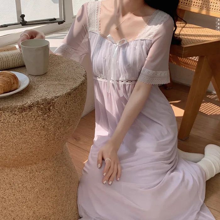 Lace Modal Mesh Summer Night Dress Woman Court Princess Nightdress Loungewear Sleepwear Women's Nightgowns Homewear Nightwear