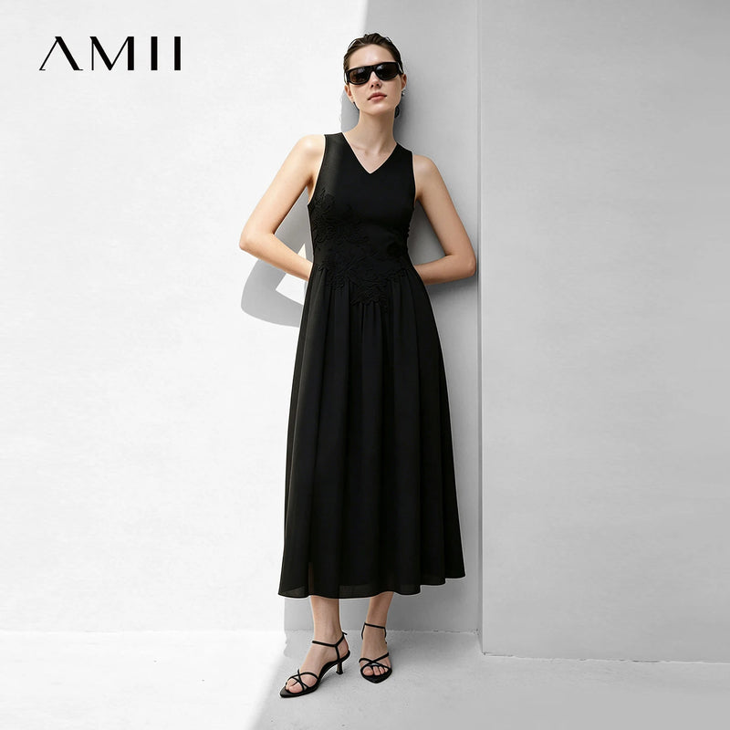 Amii Womens Dresses 2026 Summer New V Neck Lace Trim Linen Blend Sleeveless A-Line Dress Elegant Casual Woman Clothing 12642051