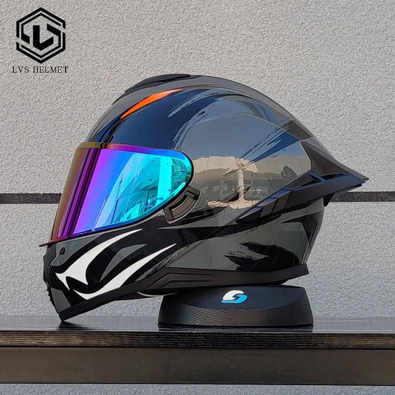 Original LVS Bright Black Helmet Motorcycle Full Face Motorcycle Helmet Riding Big Spoiler Unisex Helmet Casque DOT Approved