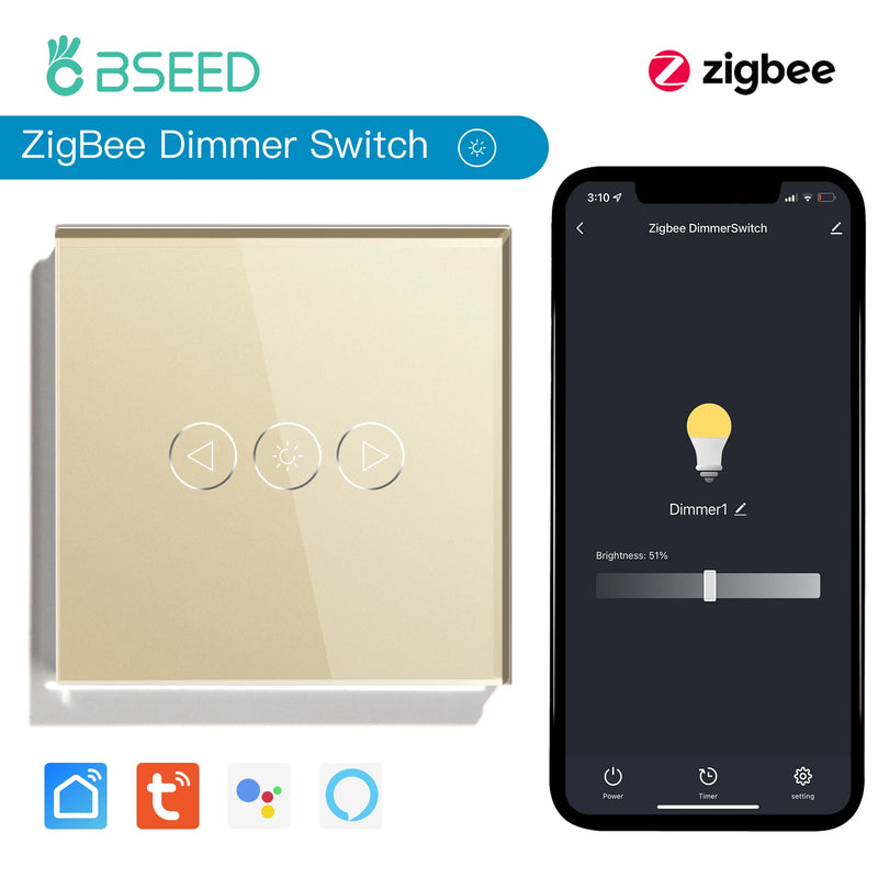 BSEED Zigbee Dimmer Light Switches 1Gang 1Way Wall Smart Dimmable Switch Support Tuya Smart Life Alexa Voice Control