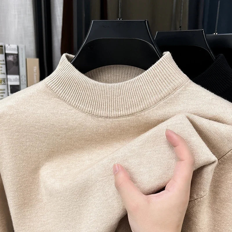Male Classic Mid Neck Knit Jumper Long Sleeve Rib Trim Lightweight Fabric Travel Street Daily Outfit