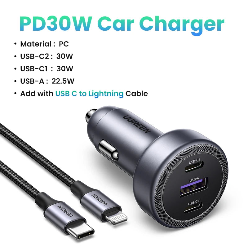 UGREEN Car Charger PD30W USB C Fast Charger for iPhone 17 16 Fast Charging for Mobile Phone USB C Car Charger