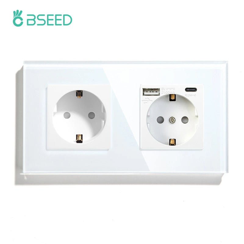 BSEED EU Standard Sockets Single Wall Socket Double Frame Socket with USB Outlets Glass Panel Triple Type-C Sockets For Home