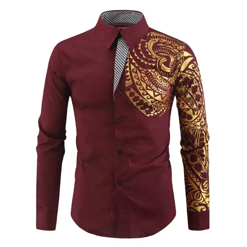 2026 Men's Black Long-sleeved Shirt, Gold Printed Shirts, Fashion Casual Tops Red White Blue Camisa Men Chemise XS S M L XL XXL