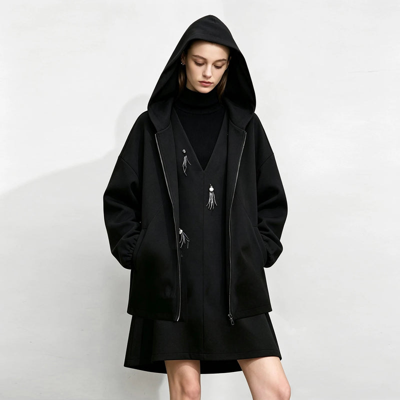 Amii Mid-Length Zip Up Hooded Loose Fit Drop Shoulder Minimalist Casual Commuter Winter 2026 Women's Knit Jacket 12654002