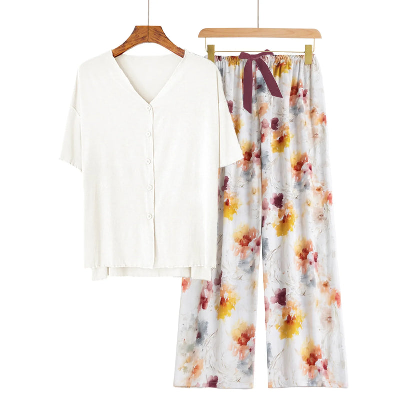 new Summer pajamas set Short sleeve Home suit for women pajama Short Sleeve+Pants Two Piece Thin night wear female nightwear
