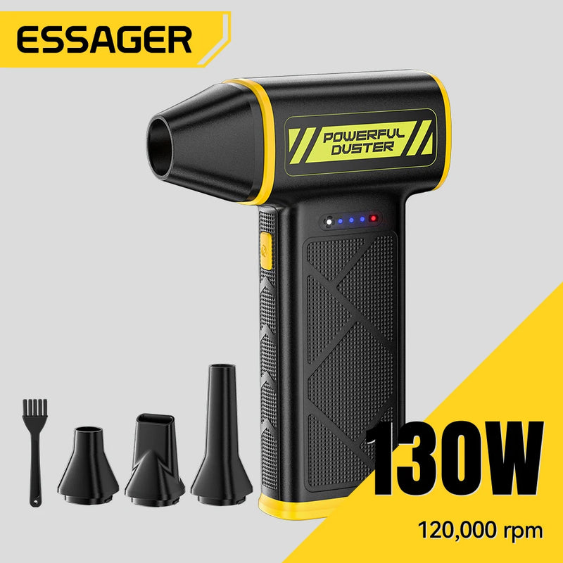 កង្ហារខ្យល់ Essager 130W កម្លាំងខ្យល់ 120000RPM ចល័តល្បឿនលឿន មានថាមពលខ្លាំង ជាមួយថ្ម 5000mAh សម្រាប់សម្អាតកុំព្យូទ័រ ឡាន និងផ្ទះ