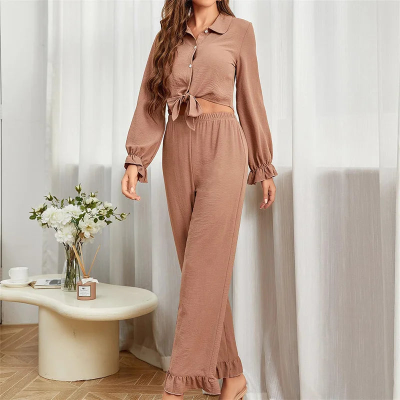 Pijama Mujer European Pajamas Women Spring Autumn Ruffled Cardigan Long-sleeved Trousers Set Two Piece Sleepwear Home Clothes