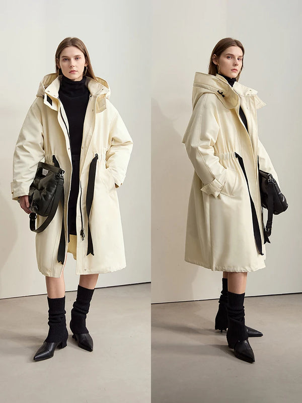 AMII Minimalism Down Jacket for Woman Spliced Detachable Cap Drawstring Belt 2026 Winter Long Casual Warm Overcoat 12444037