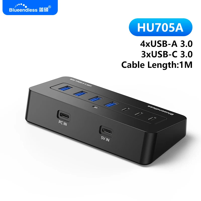 ស្ថានីយ៍ចត USB-C Hub ពហុរន្ធ Blueendless 5Gbps USB3.0 Splitter 7/8-រន្ធ 2-in-1 ខ្សែថាមពលខាងក្រៅ 5V សម្រាប់កុំព្យូទ័រយួរដៃ PC