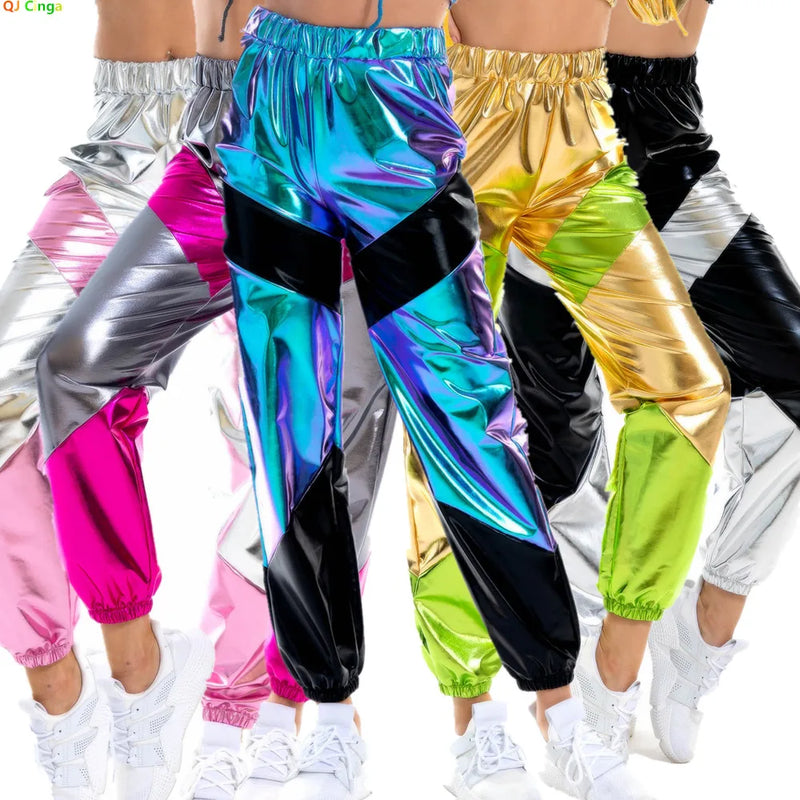 2026 New Women's Blue-Black Pants, Elastic Waist Color-Blocked Trousers, Perfect for Nightclubs/Parties/Dancing.